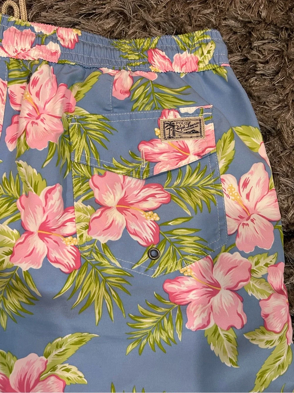 Polo Ralph Lauren Men's Blue Tropical Floral Swim Trunks with Pink Hibiscus L